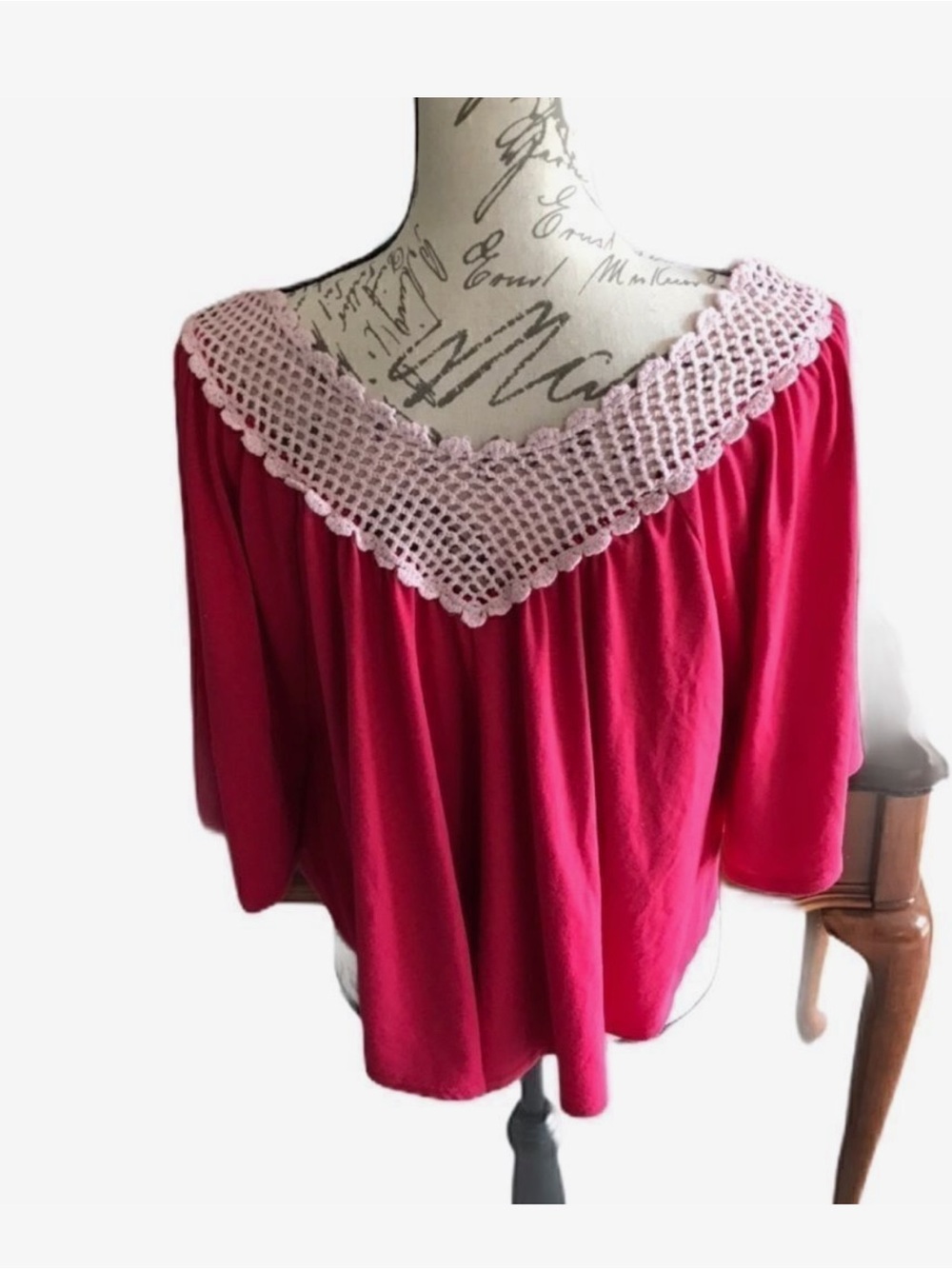 Rue21 Crochet V-Neck Flutter Sleeve Top in Hot Pink with Cream Trim - Picture 6 of 10